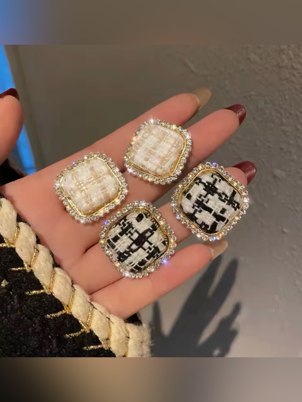 Elegant Black & White Tweed Square Statement Earrings with Crystal Halo stud